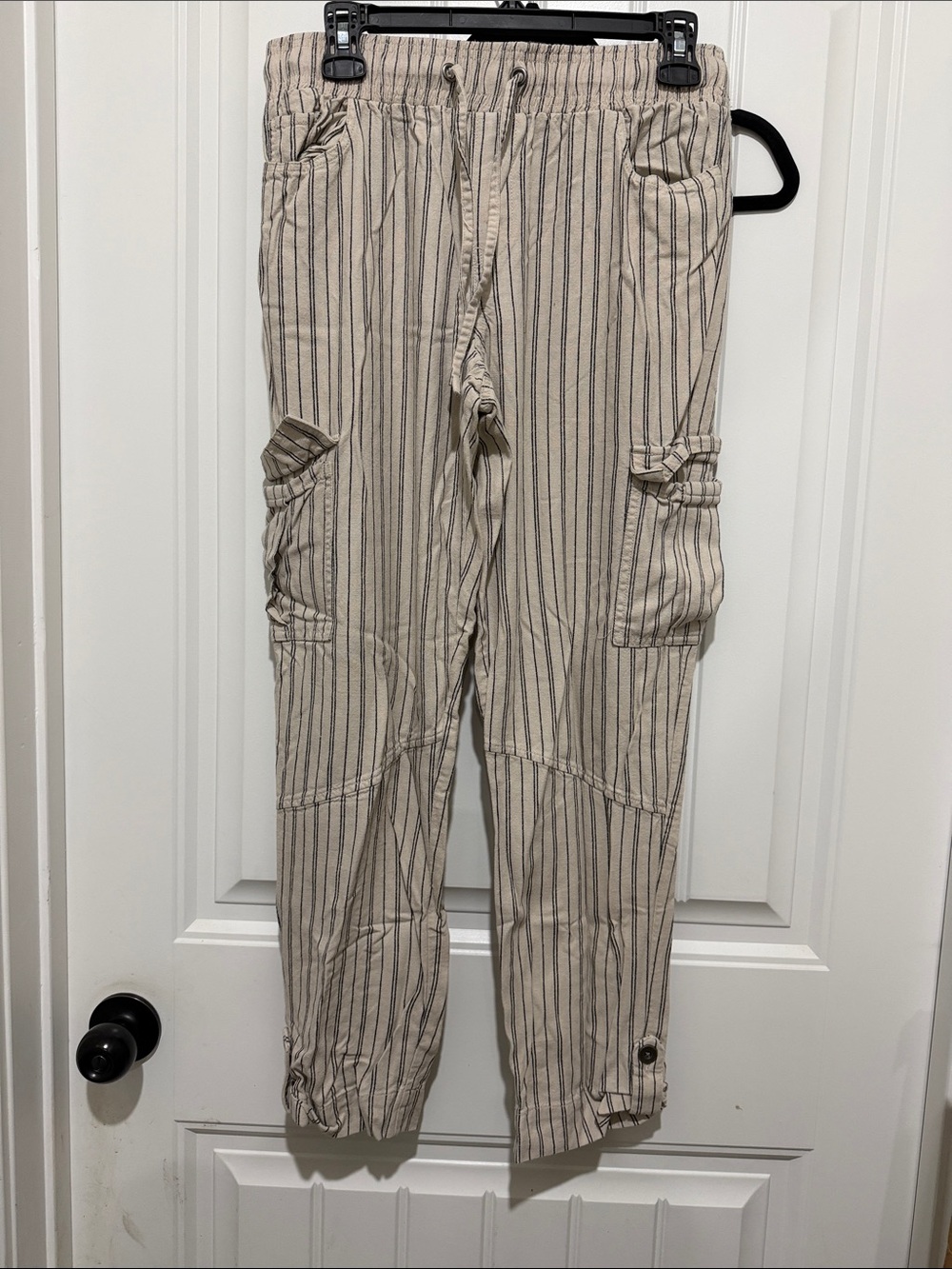 Striped Beige Cargo Pants for Men — Casual Drawstring Utility Style